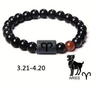 Aries Zodiac Signs Charm Bracelet Natural 8mm Black Onyx Stone Beads